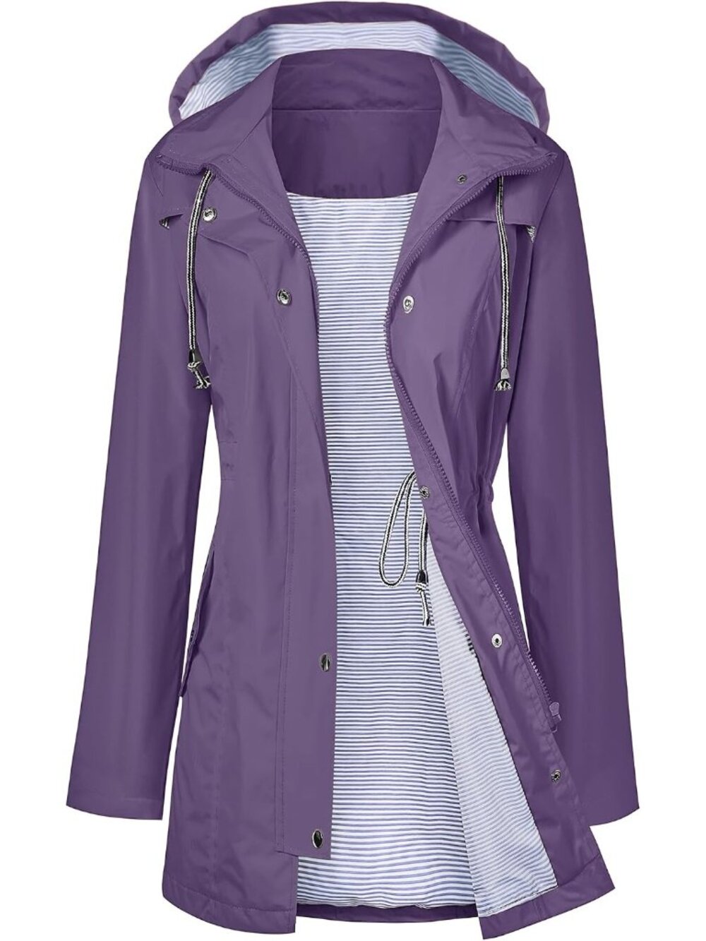 Women Deep Purple Hooded Waterproof Adjustable Drawstring Windbreaker Rain Coat